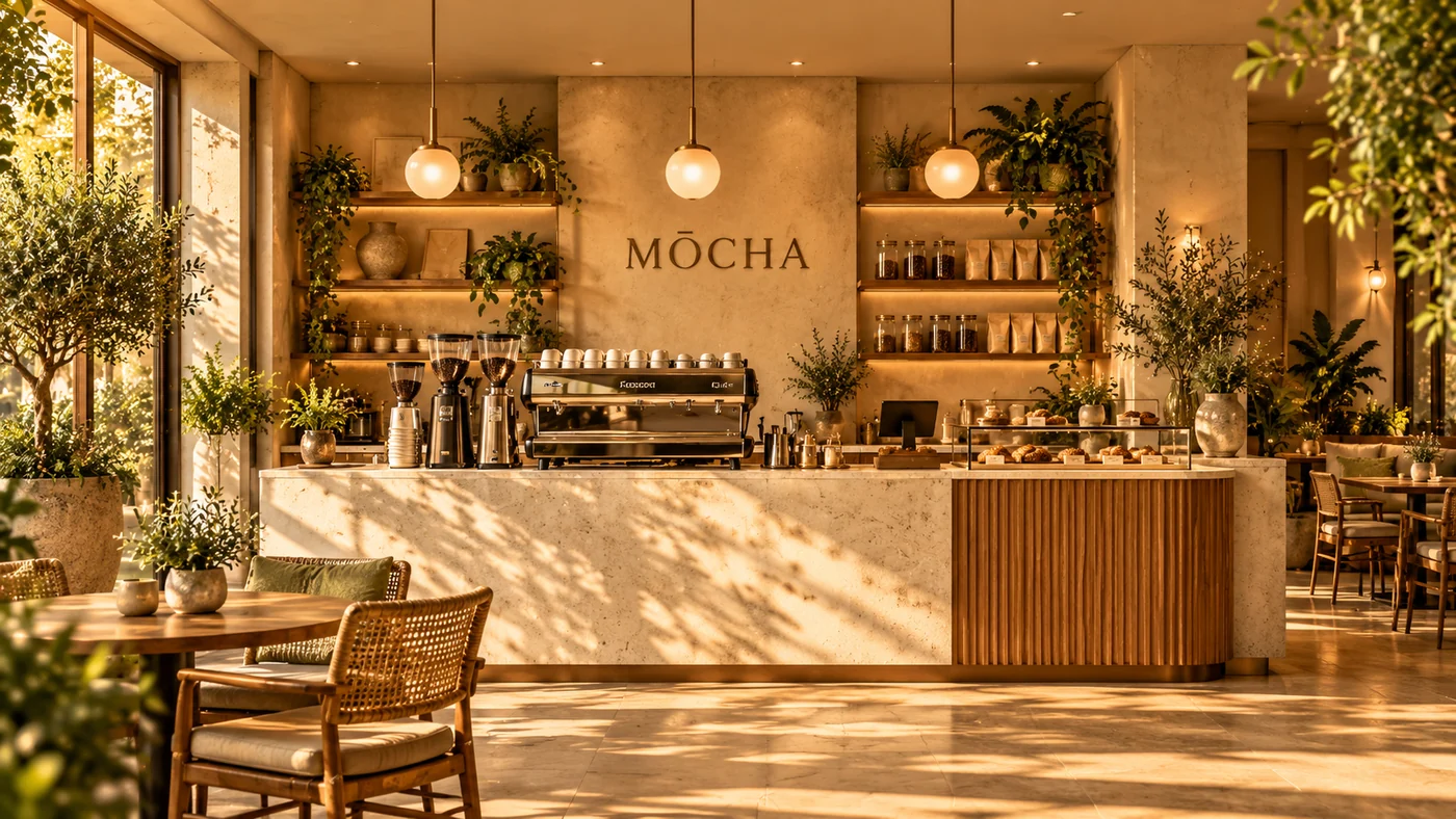 Café-Konzept mit Kaffeemaschine und warm beleuchteter Theke